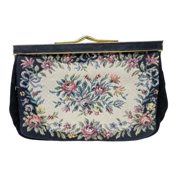 West Germany Floral Tapestry Clutch Purse Kiss Lock Mirror Comb Set Vintage READ - Picture 2 of 16
